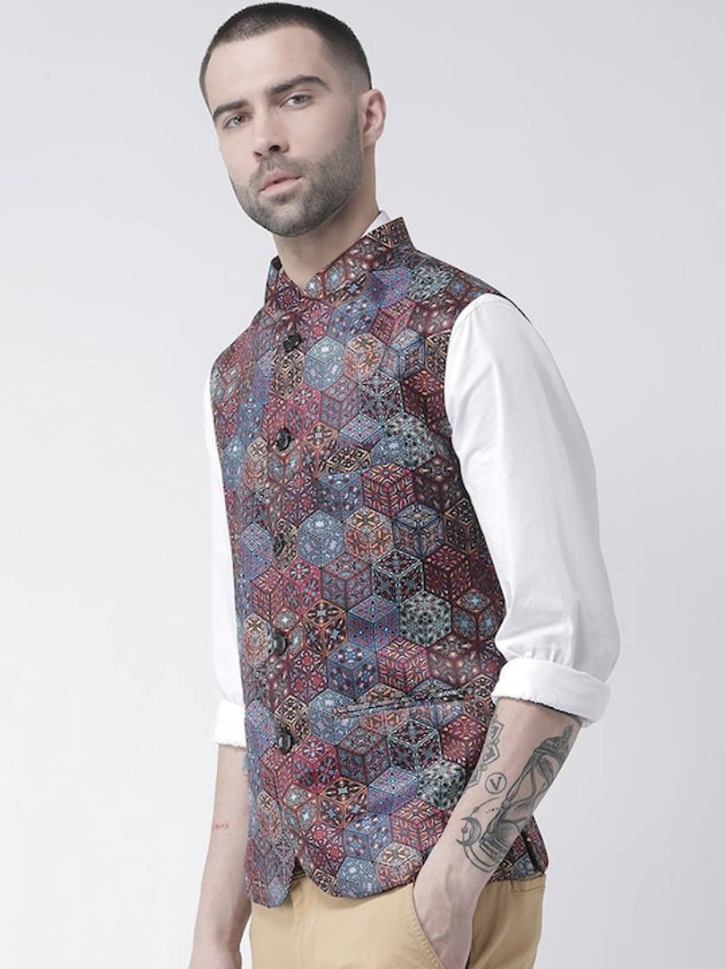 Men's Multicoloured 
Polyester
 Printed Nehru Jackets